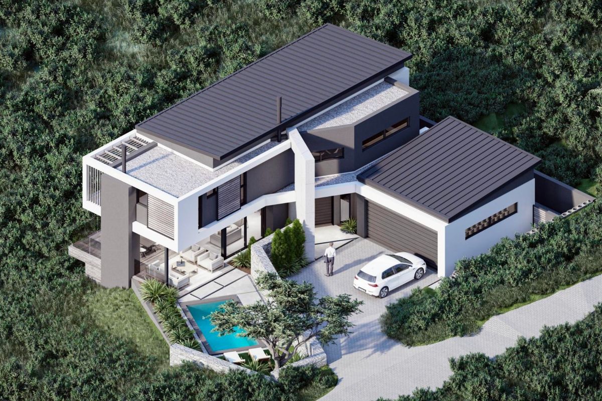 Aerial view of a modern architectural house featuring a flat roof, double garage, paved driveway, and a private swimming pool.