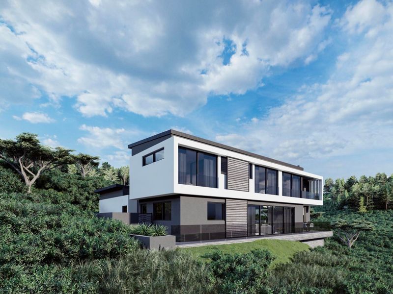 A modern two-story residential property featuring clean architectural lines, large sliding glass doors, and a spacious deck overlooking a natural landscape.