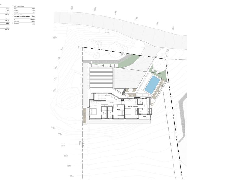 Architectural floor plan showing the layout of the property including bedrooms, bathrooms, and outdoor pool area.