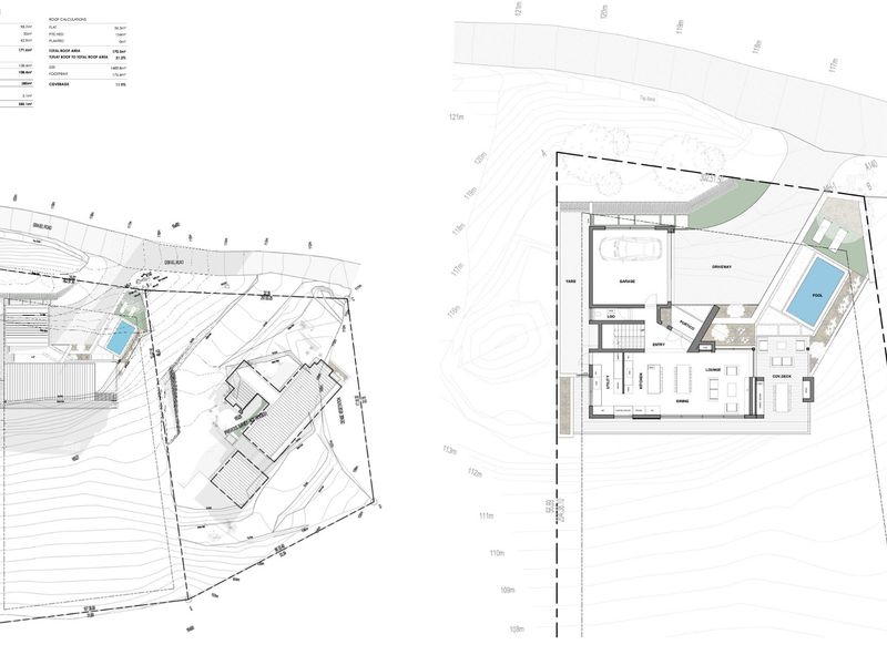 Architectural site plan and floor layout showing the property footprint, driveway, pool area, and internal room configuration.