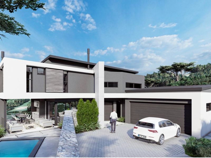 A modern architectural home featuring a sleek facade, double garage, paved driveway, and a private swimming pool with a covered patio area.