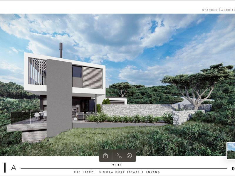 A modern architectural exterior view of the rear facade featuring a stone retaining wall, timber deck, and glass balustrade in a landscaped setting.