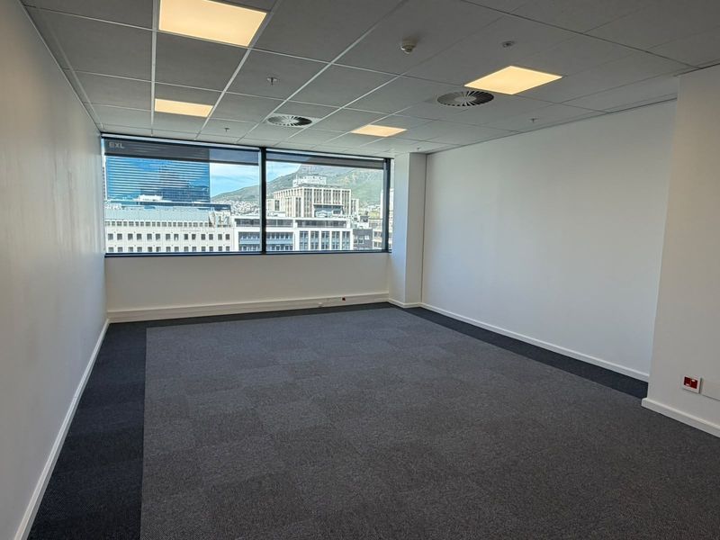 A bright, empty office space featuring carpeted flooring, a suspended ceiling with recessed lighting, and large windows offering an urban view.