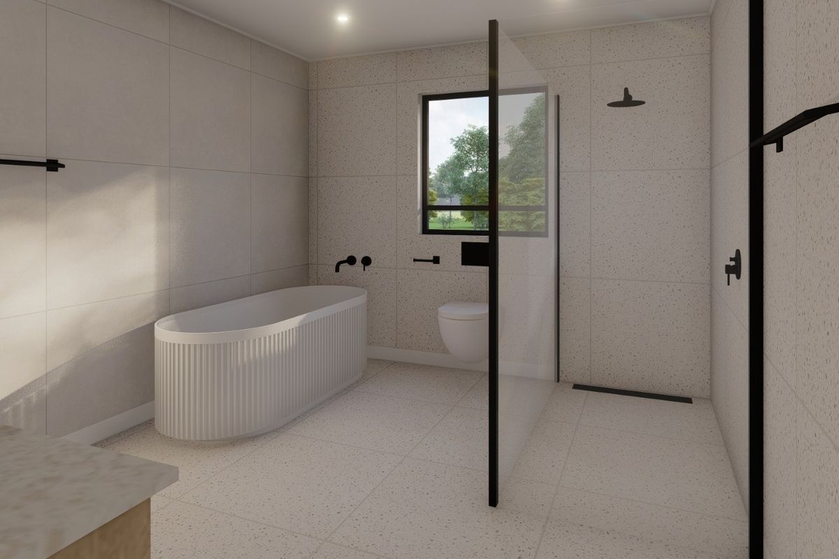 Modern bathroom featuring a freestanding fluted bathtub, walk-in shower with black matte fixtures, and contemporary terrazzo-style tiling throughout.