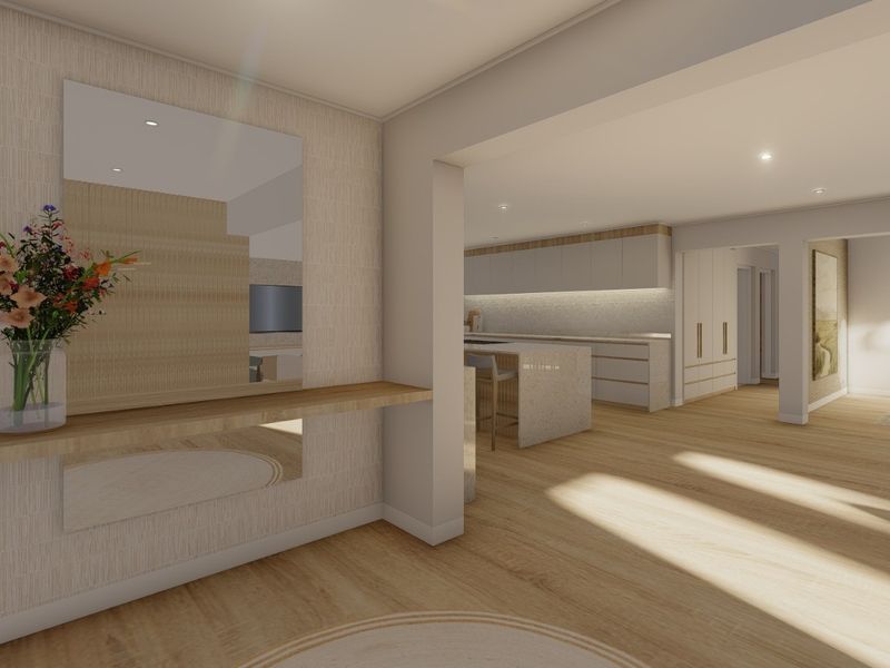 Modern open-plan living area featuring light timber flooring, recessed lighting, and a contemporary kitchen with stone countertops and integrated cabinetry.