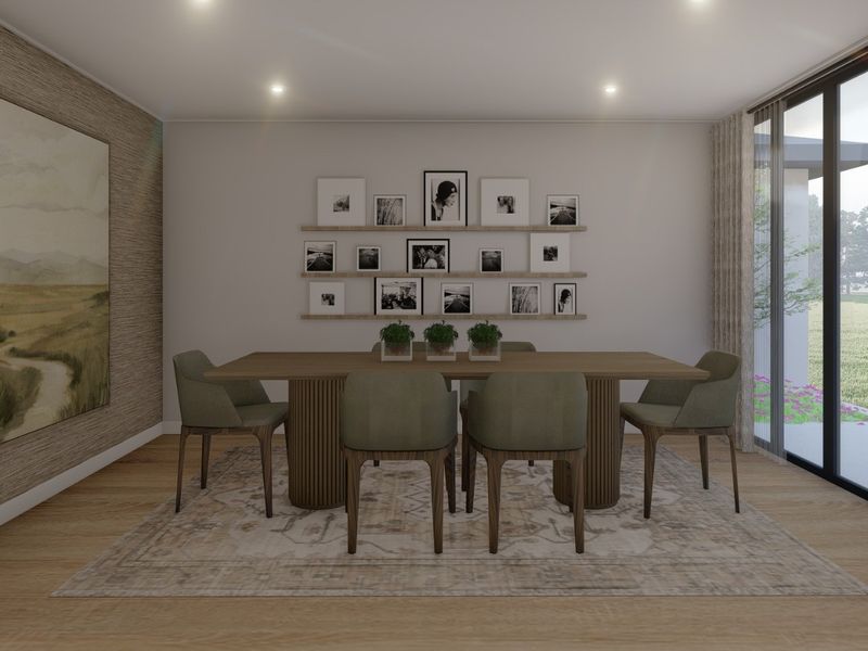 A modern dining room featuring timber flooring, textured feature wall, recessed lighting, and large sliding glass doors providing natural light and garden access.