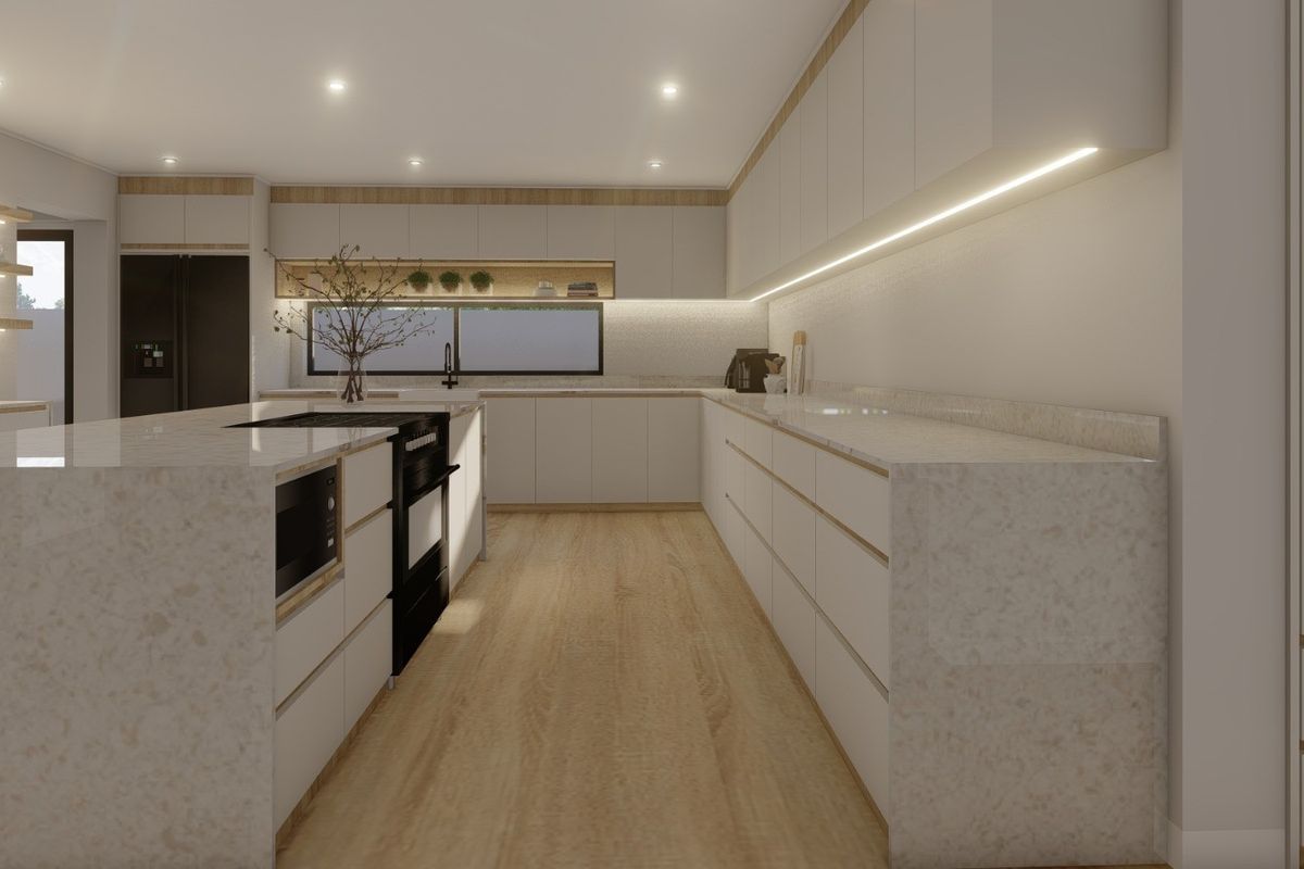 Modern kitchen featuring stone countertops, integrated cabinetry, built-in appliances, and recessed lighting in a clean, minimalist design.