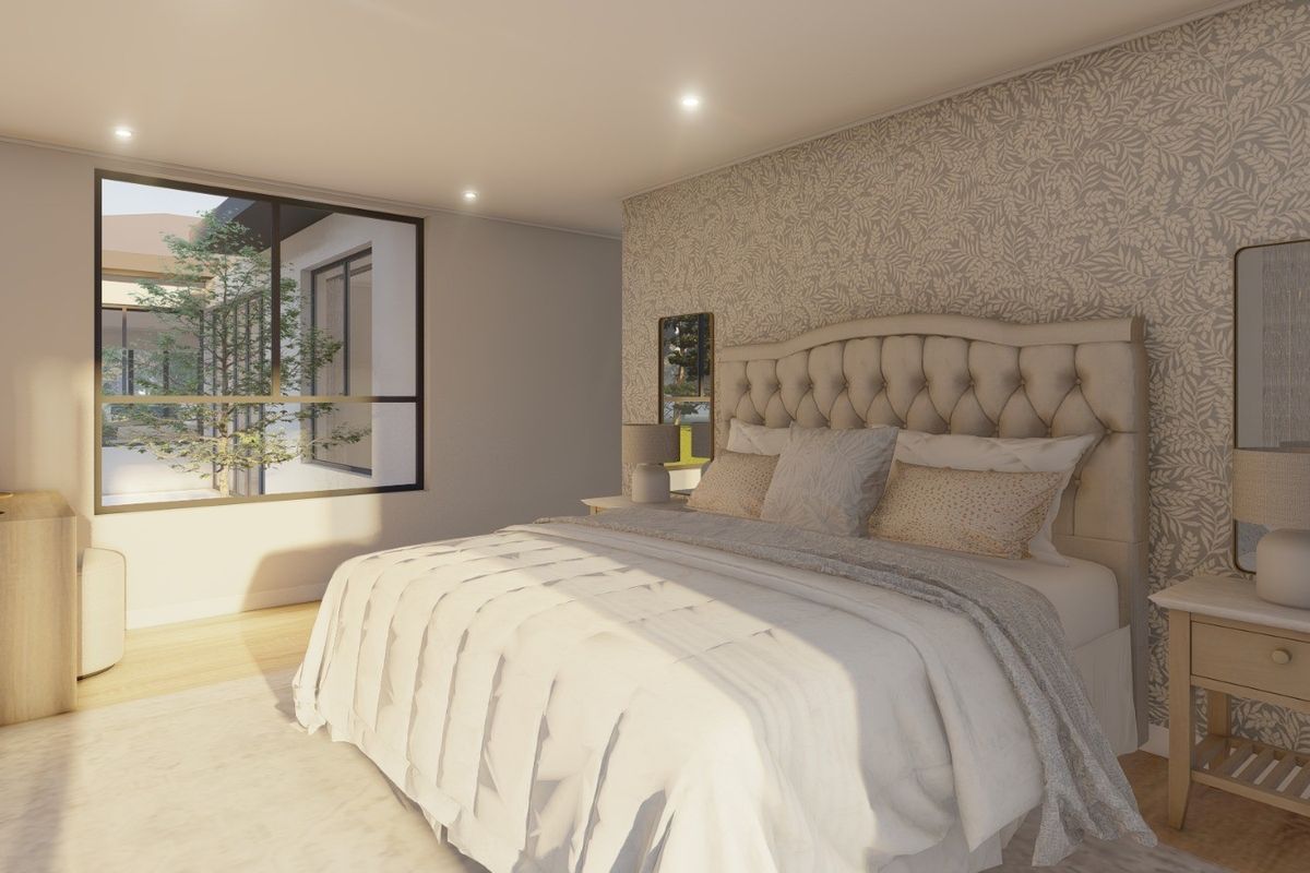 A well-lit, modern bedroom featuring a large window, recessed downlighting, and a decorative feature wall with patterned wallpaper.