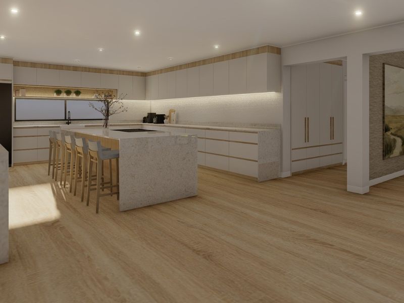 Modern open-plan kitchen featuring a large stone island, sleek handleless cabinetry, integrated storage, and warm timber flooring with recessed lighting throughout.