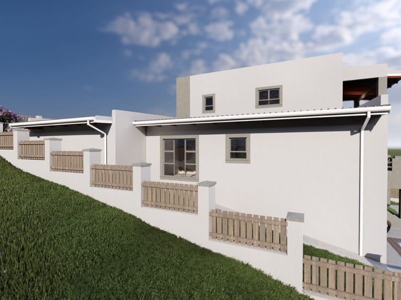 A 3D architectural rendering of the rear exterior elevation, featuring a tiered retaining wall with timber fencing, guttering, and a swimming pool.