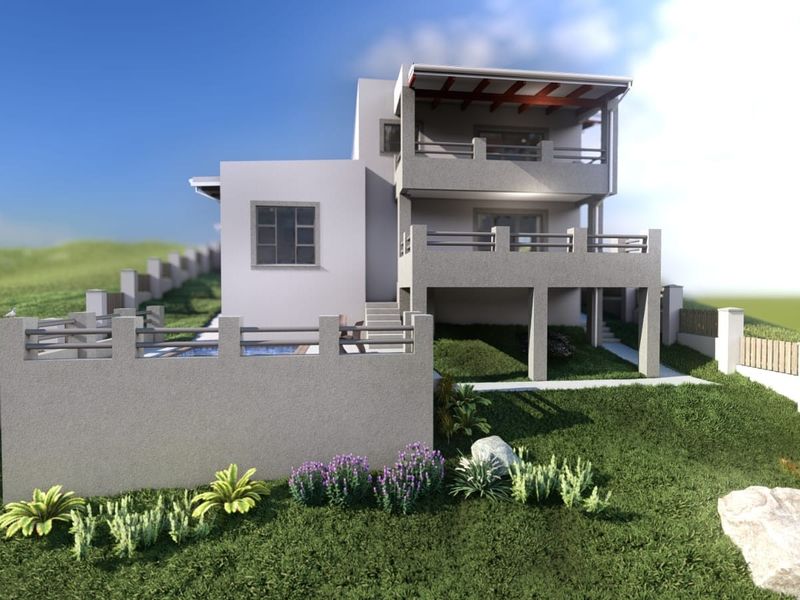 A rear view of a modern multi-level residential property featuring a swimming pool, tiered balconies, and landscaped garden areas.