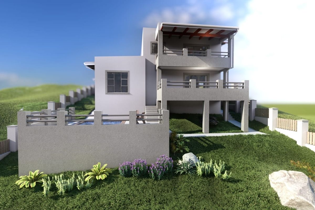 A rear view of a modern multi-level residential property featuring a swimming pool, tiered balconies, and landscaped garden areas.