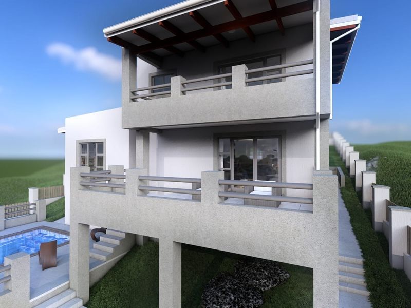A 3D architectural rendering of a modern multi-level residential property featuring a rear balcony, patio, and swimming pool area.