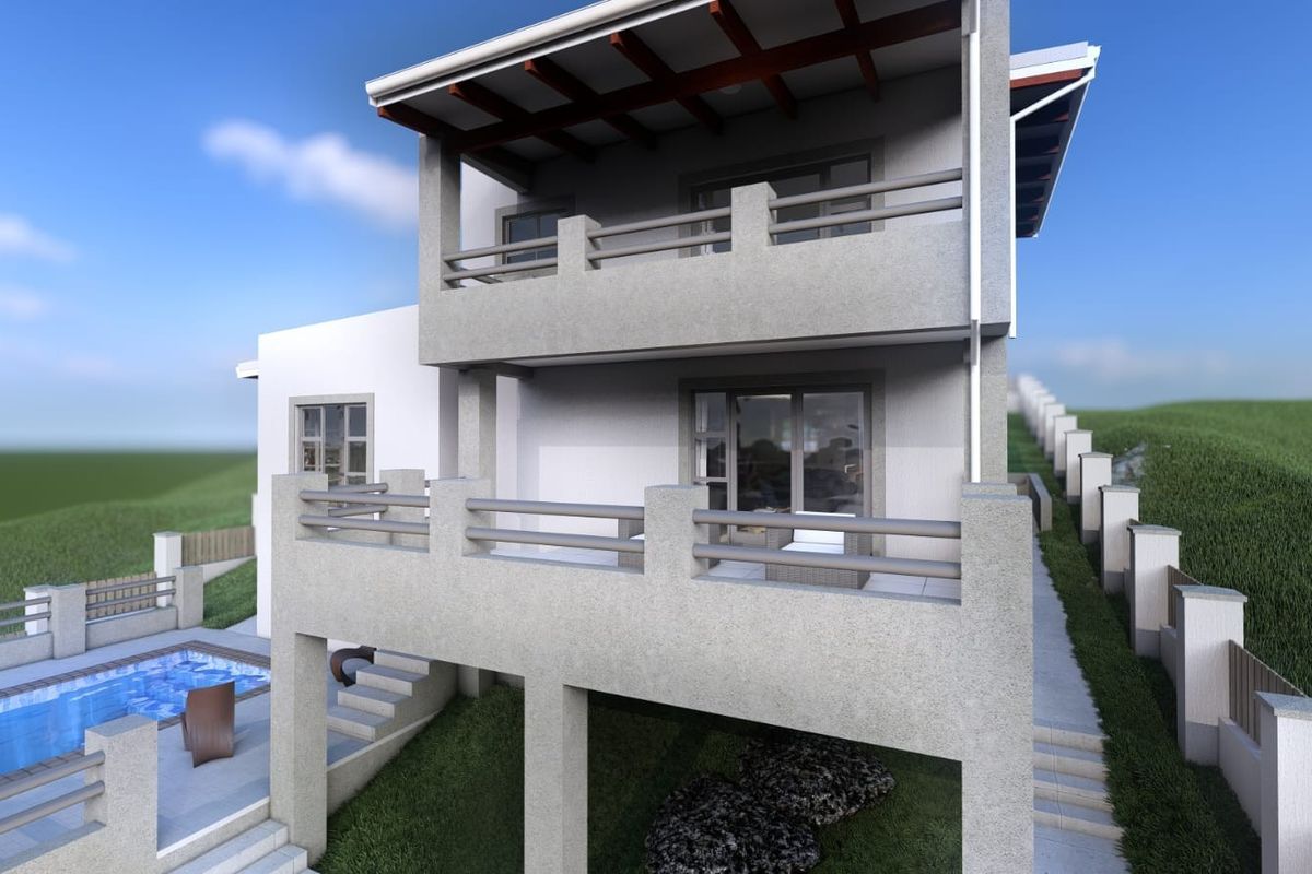 A 3D architectural rendering of a modern multi-level residential property featuring a rear balcony, patio, and swimming pool area.