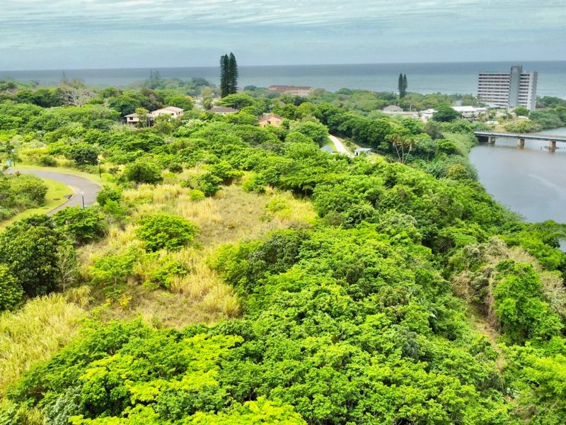 Aerial view of a vacant residential plot featuring lush coastal vegetation, river frontage, and proximity to local infrastructure and the ocean.