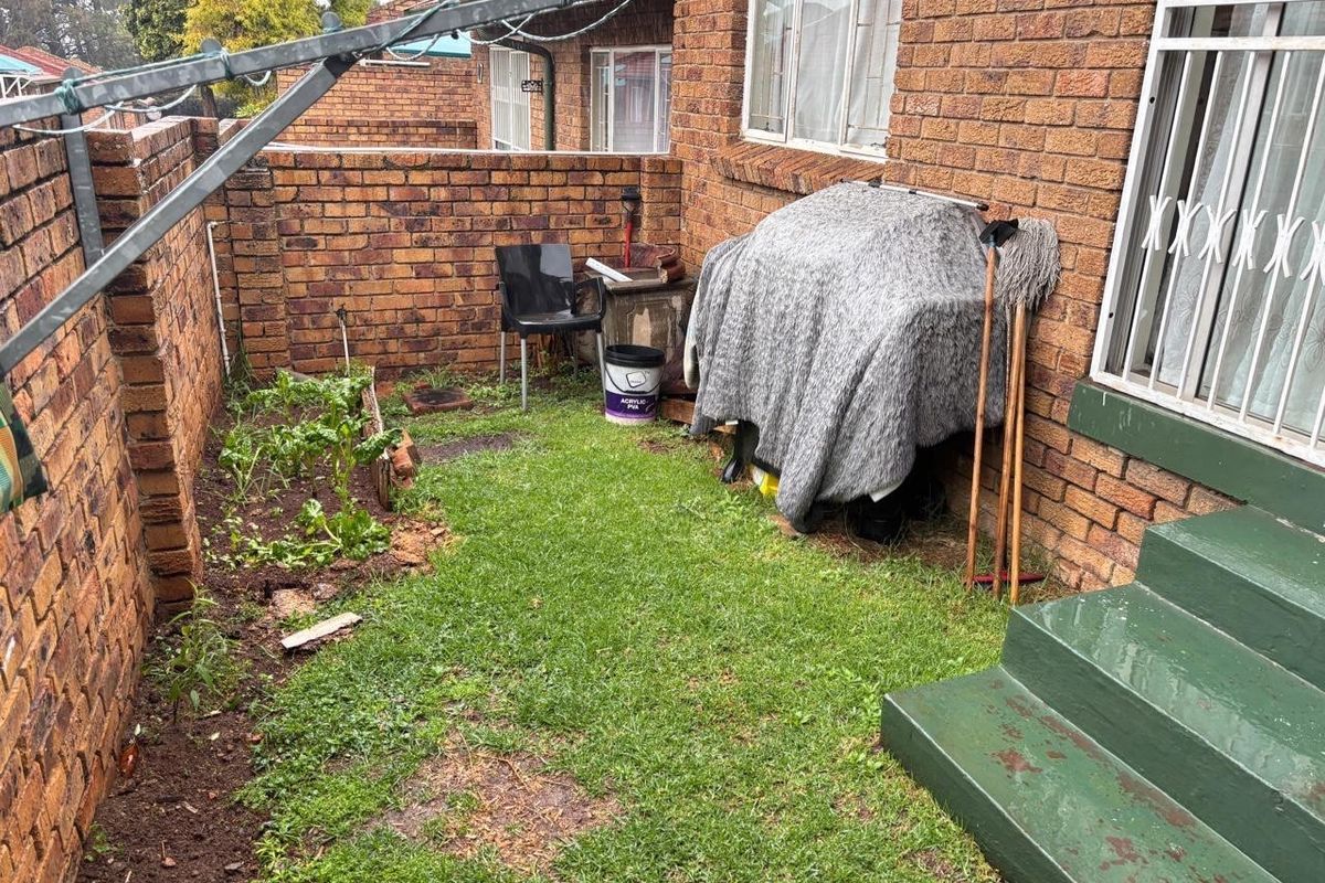 A compact rear courtyard area featuring a brick boundary wall, small lawn section, and painted concrete steps leading to the main dwelling entrance.