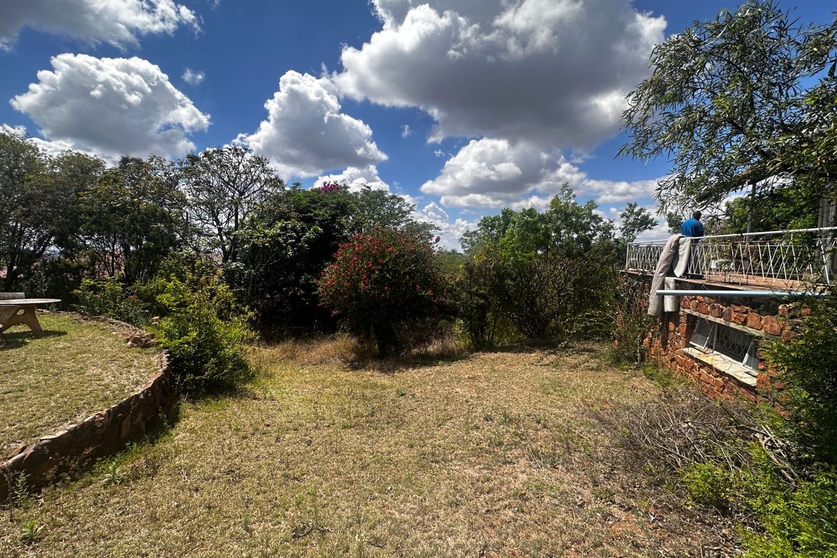 A rear garden area featuring a stone retaining wall, a raised patio with metal railings, and established trees and shrubs.