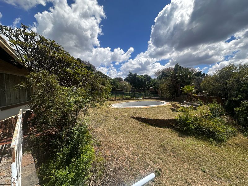 Outdoor backyard area featuring an empty swimming pool, stone retaining wall, and established garden space with potential for landscaping.