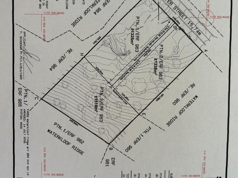 A detailed subdivision plan for Erf 963 Waterkloof Ridge, outlining the proposed plot boundaries, dimensions, and servitude areas for the residential land.
