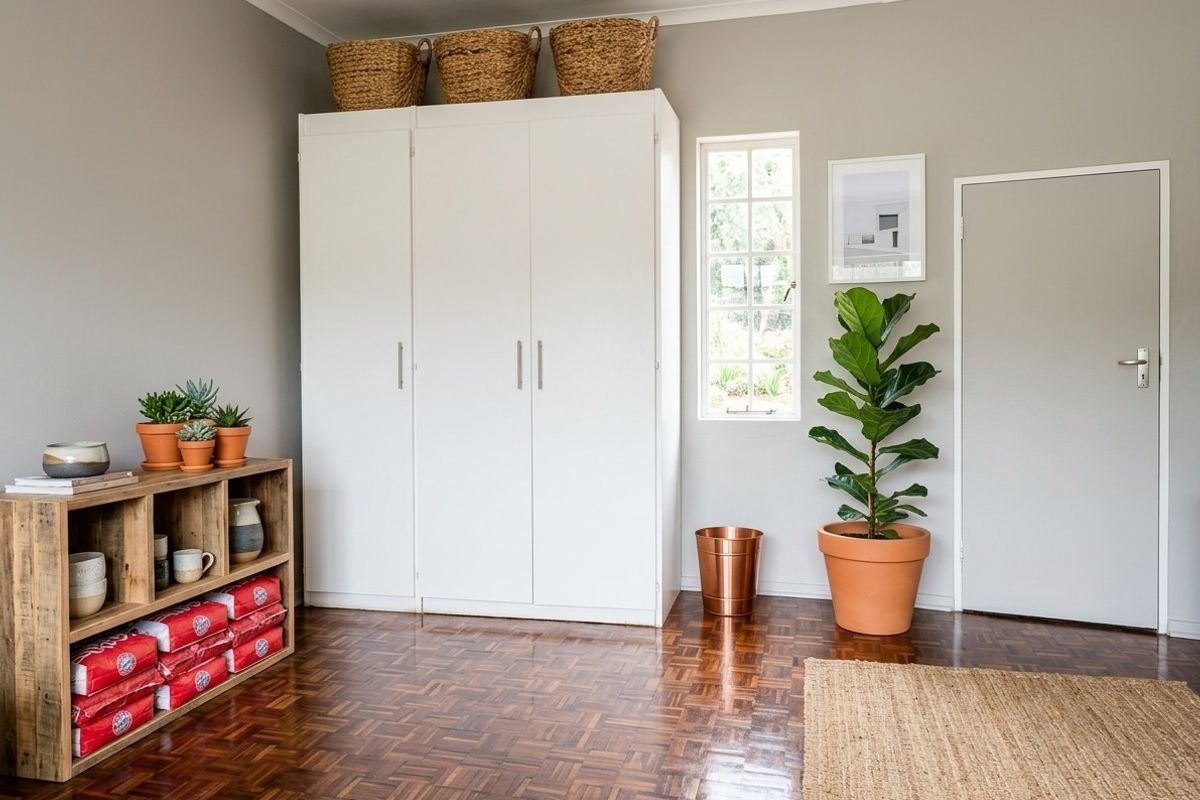 A well-maintained bedroom featuring classic parquet flooring, a large white built-in wardrobe, and a bright window providing natural light.