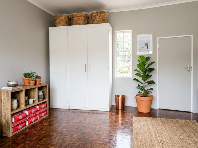 A well-maintained bedroom featuring classic parquet flooring, a large white built-in wardrobe, and a bright window providing natural light.