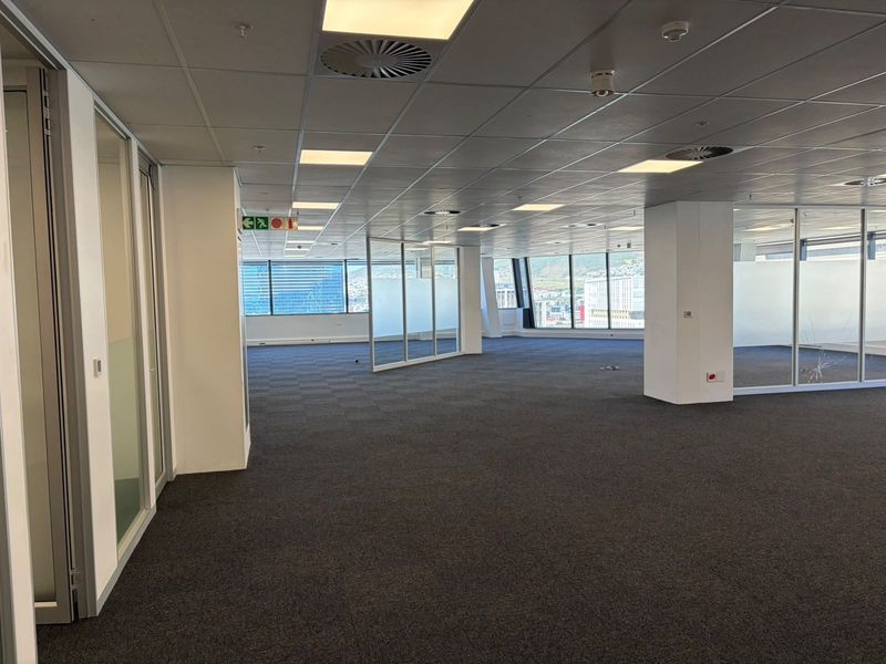 Spacious open-plan office area featuring suspended ceilings, recessed lighting, carpeted floors, and glass partitioning with expansive city views.