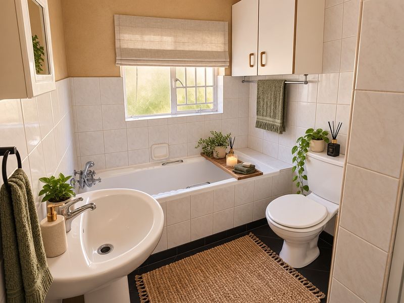 A functional bathroom featuring a pedestal basin, built-in bathtub, toilet, and wall-mounted storage cabinetry with neutral tiled finishes.