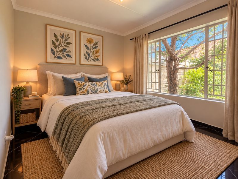 A well-lit, cozy bedroom featuring large windows with garden views and dark tiled flooring, creating a warm and inviting atmosphere.