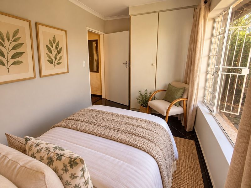 A cozy bedroom featuring a built-in wardrobe, tiled flooring, and a large window with security bars, offering a bright and comfortable living space.