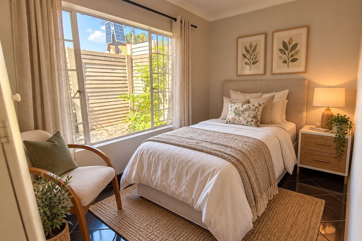 A well-lit, cozy bedroom featuring large windows, neutral wall tones, and polished dark tiled flooring.