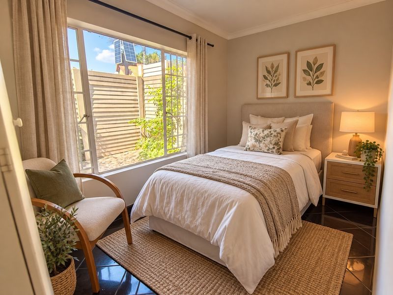 A well-lit, cozy bedroom featuring large windows, neutral wall tones, and polished dark tiled flooring.