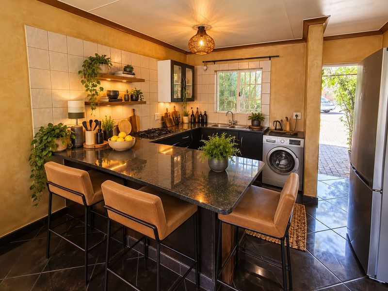A well-appointed kitchen featuring dark cabinetry, granite countertops, a built-in hob, and an integrated washing machine, with direct access to the exterior.