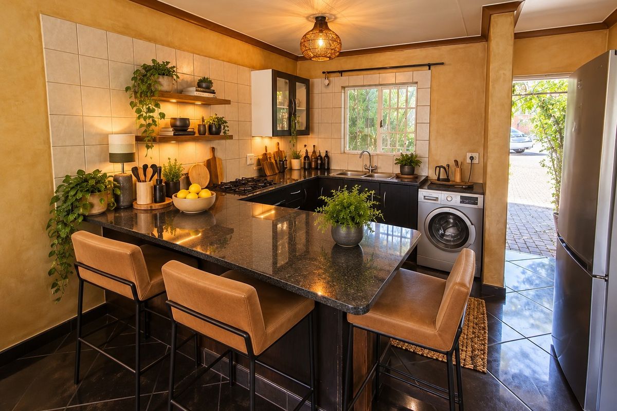 A well-appointed kitchen featuring dark cabinetry, granite countertops, a built-in hob, and an integrated washing machine, with direct access to the exterior.