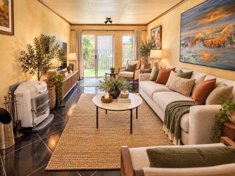 A warm and inviting living room featuring dark tiled flooring, textured walls, and a sliding glass door providing direct access to the rear garden.