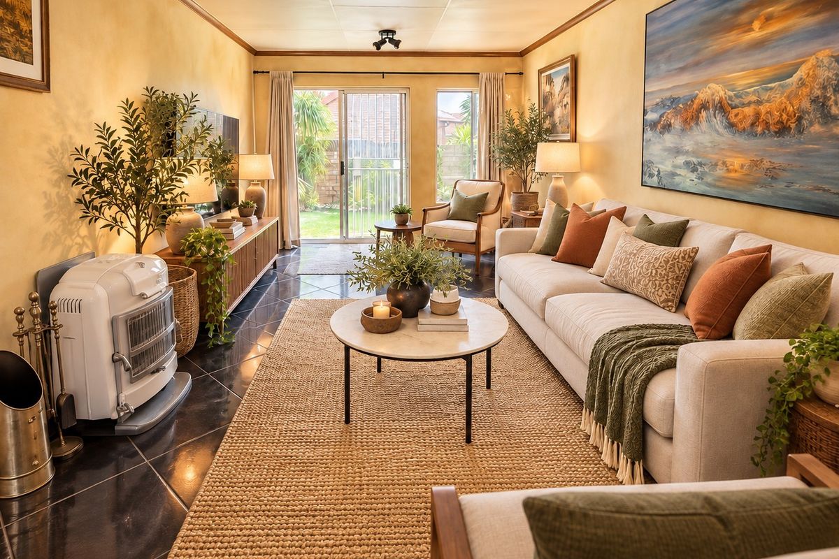 A warm and inviting living room featuring dark tiled flooring, textured walls, and a sliding glass door providing direct access to the rear garden.