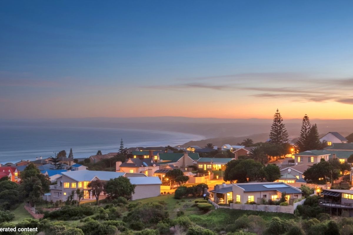 An elevated aerial view of a coastal residential neighborhood at dusk, showcasing the surrounding landscape and ocean horizon.