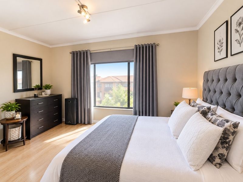 A well-maintained bedroom featuring light laminate flooring, neutral wall tones, and a large window providing natural light.