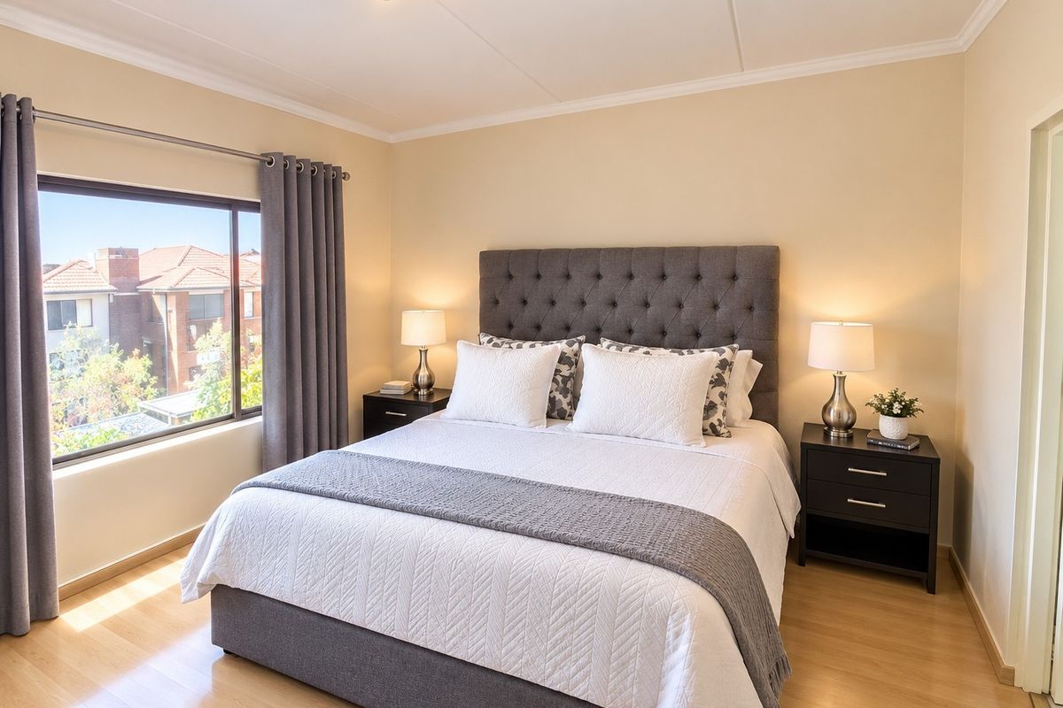 A well-maintained bedroom featuring light laminate flooring, neutral wall tones, and a large window providing natural light and a view of the surrounding townhouse complex.