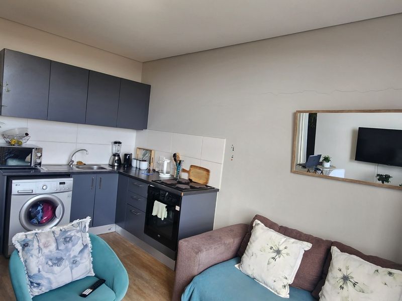 Compact open-plan living area featuring a functional kitchenette with dark cabinetry, integrated appliances, and a tiled backsplash, seamlessly connected to the living space.