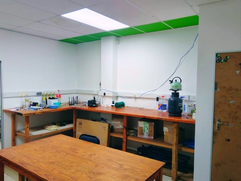A functional utility or workspace area featuring a suspended ceiling, recessed lighting, and perimeter electrical trunking with built-in power outlets.