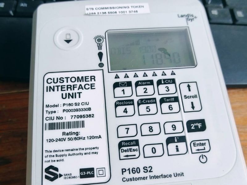 A Landis+Gyr P160 S2 customer interface unit for a prepaid electricity meter.