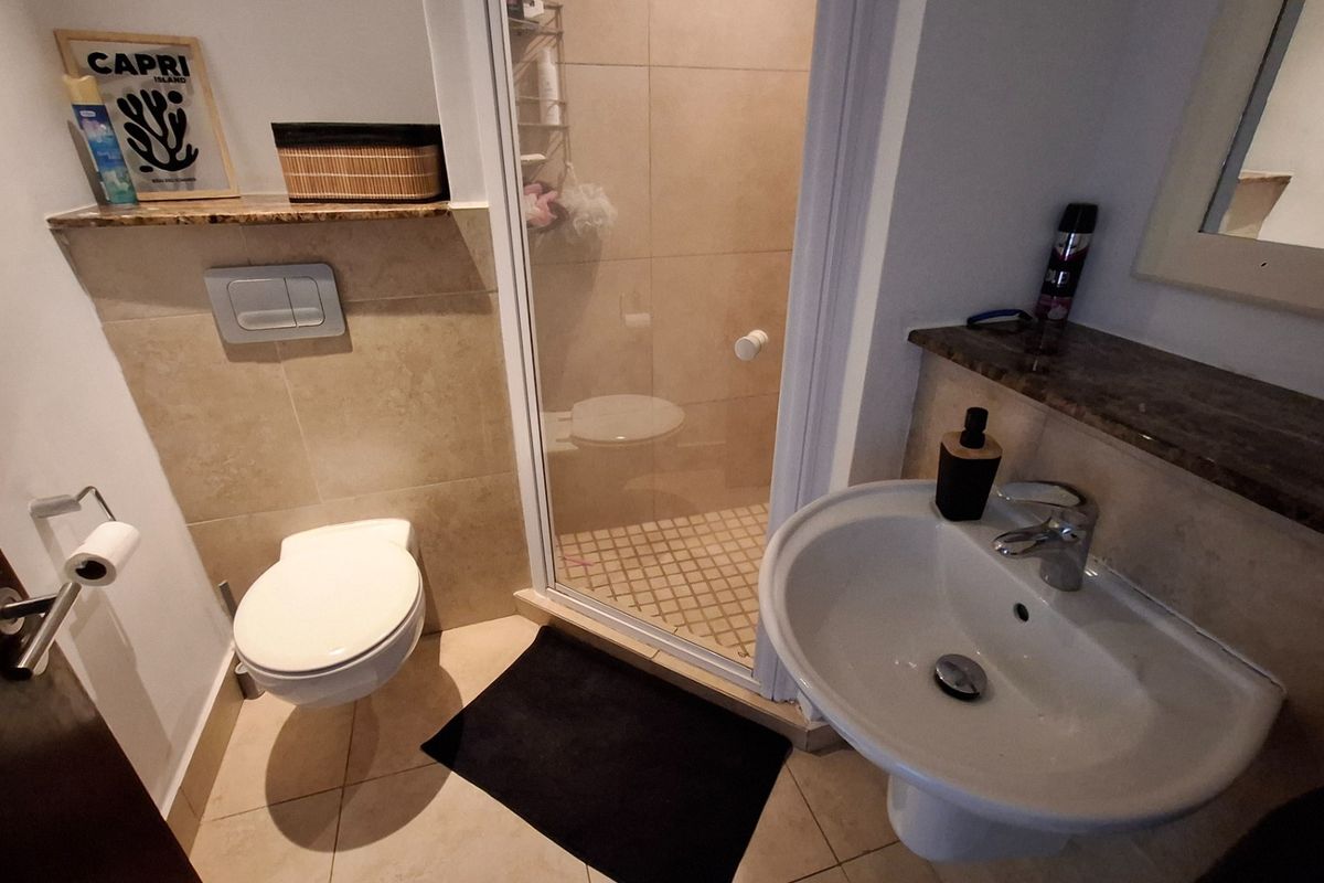 Compact bathroom featuring a wall-mounted toilet with concealed cistern, a pedestal washbasin with stone vanity shelf, and a glass-enclosed shower.