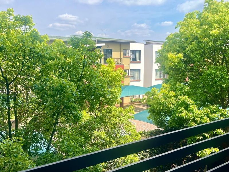 A view from a balcony overlooking the apartment complex grounds, featuring mature trees, shaded parking areas, and surrounding residential building facades.