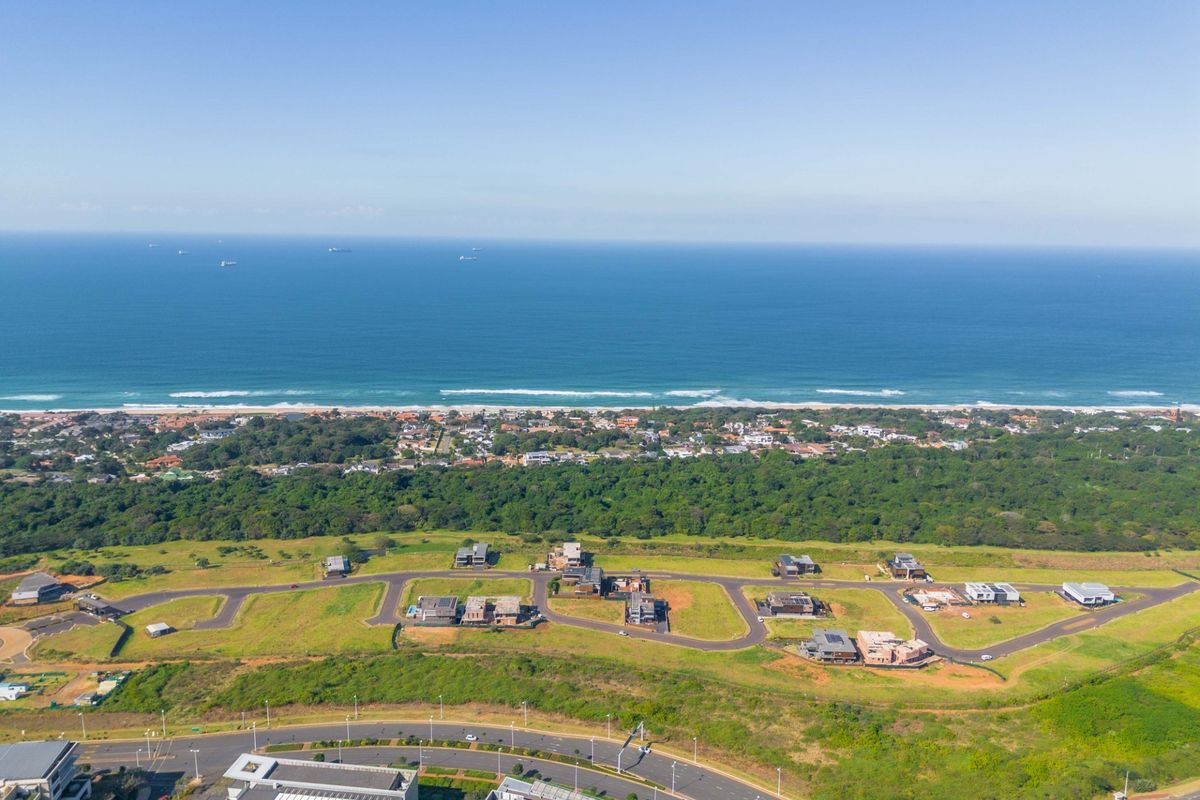 An aerial view of a coastal residential estate featuring modern homes, paved road infrastructure, and expansive ocean views.