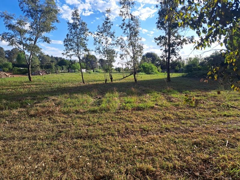 A view of a spacious, grassy residential plot featuring mature trees and open land, suitable for future development.