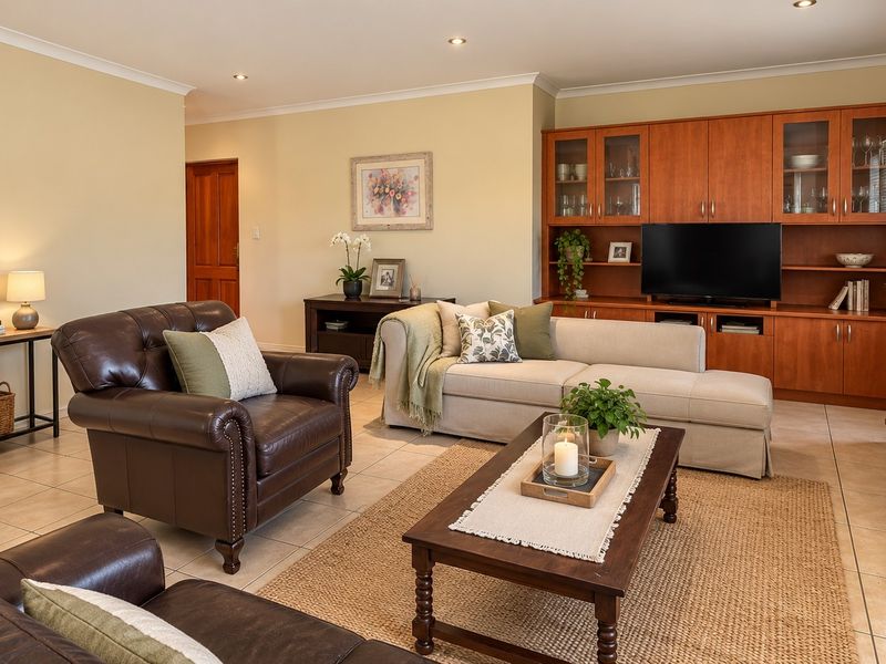 A spacious living room featuring neutral tiled flooring, recessed downlighting, and extensive built-in wooden cabinetry for storage and display.