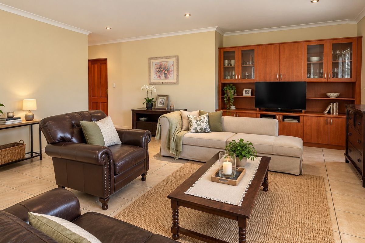 A spacious living room featuring neutral tiled flooring, recessed downlighting, and extensive built-in wooden cabinetry for storage and display.