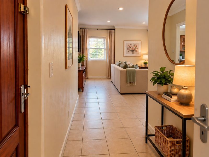 Welcoming entrance hallway featuring ceramic tile flooring, recessed lighting, and crown molding, leading directly into the open-plan living area.