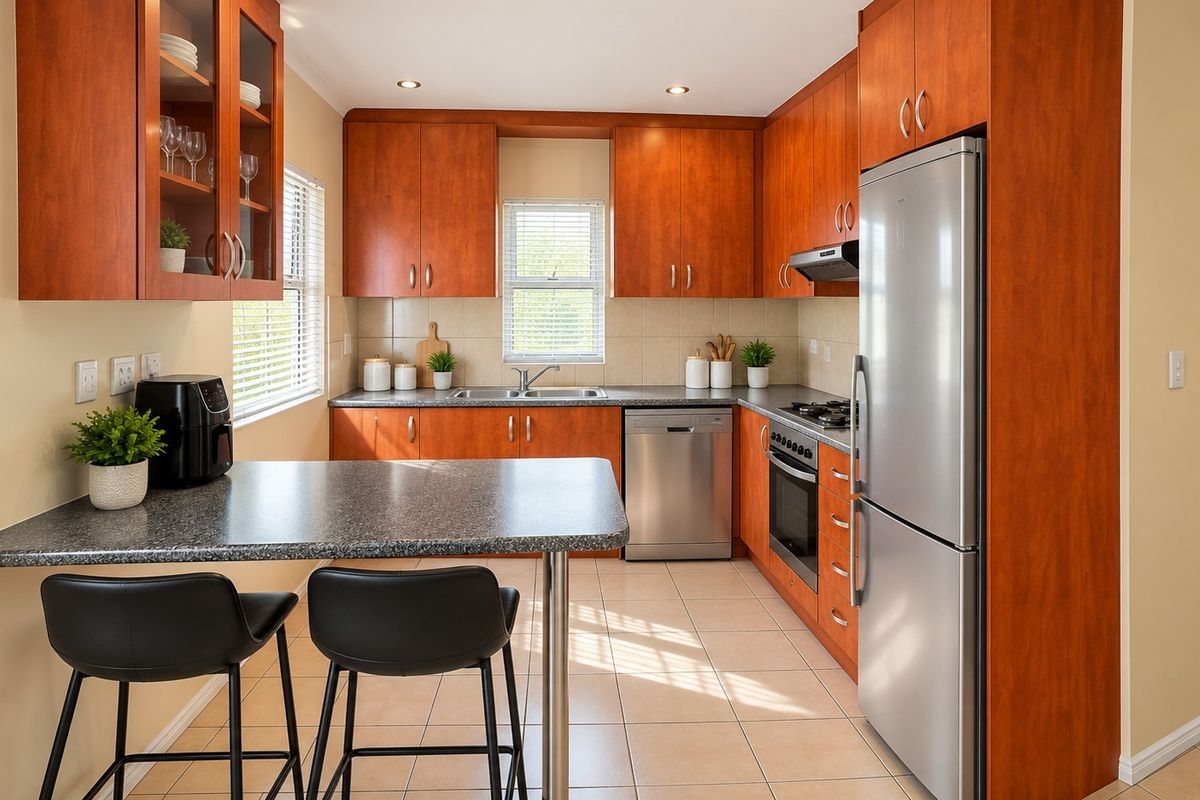 A well-maintained kitchen featuring warm-toned wooden cabinetry, granite-look countertops, a breakfast bar, and integrated stainless steel appliances.