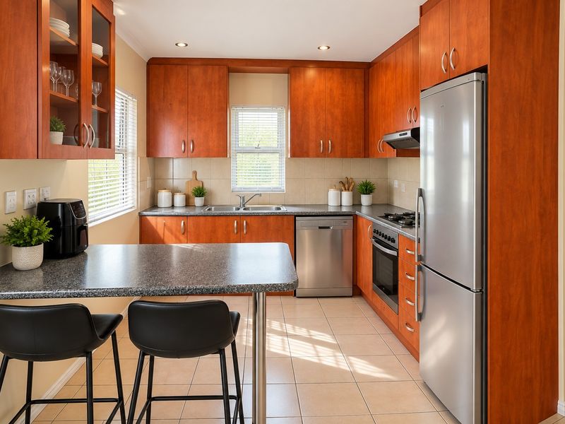 A well-maintained kitchen featuring warm-toned wooden cabinetry, granite-look countertops, a breakfast bar, and integrated stainless steel appliances.